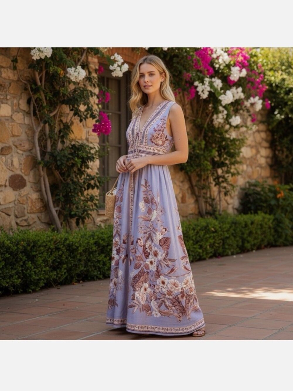 Caroline Constas lavender purple beige linen summer maxi dress size S - Picture 3 of 11